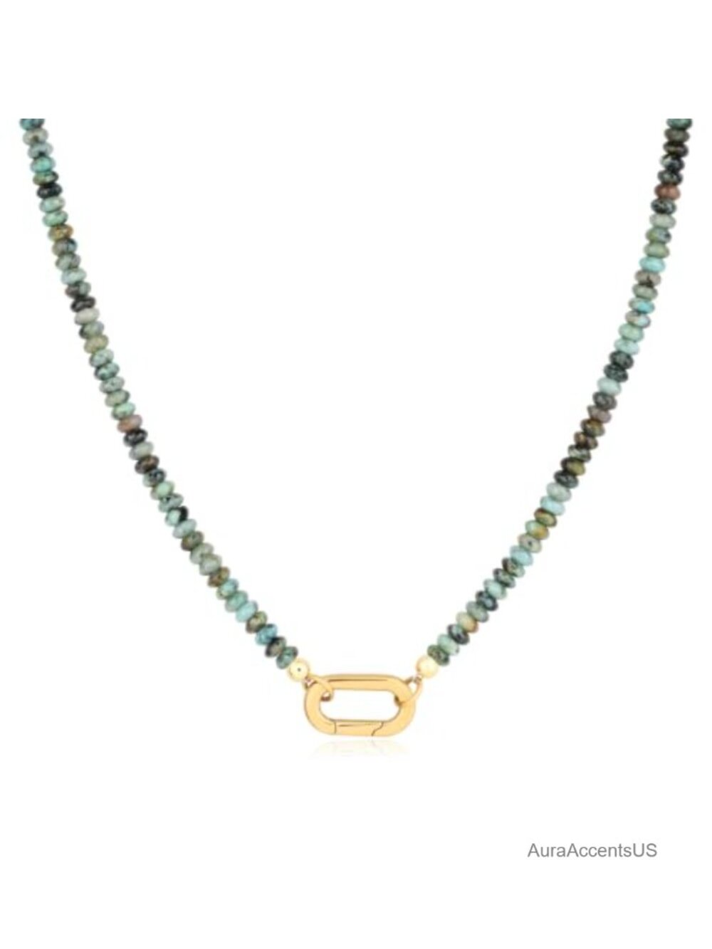 African Turquoise Beaded Necklace Gold Plated Clasp 18 Inch